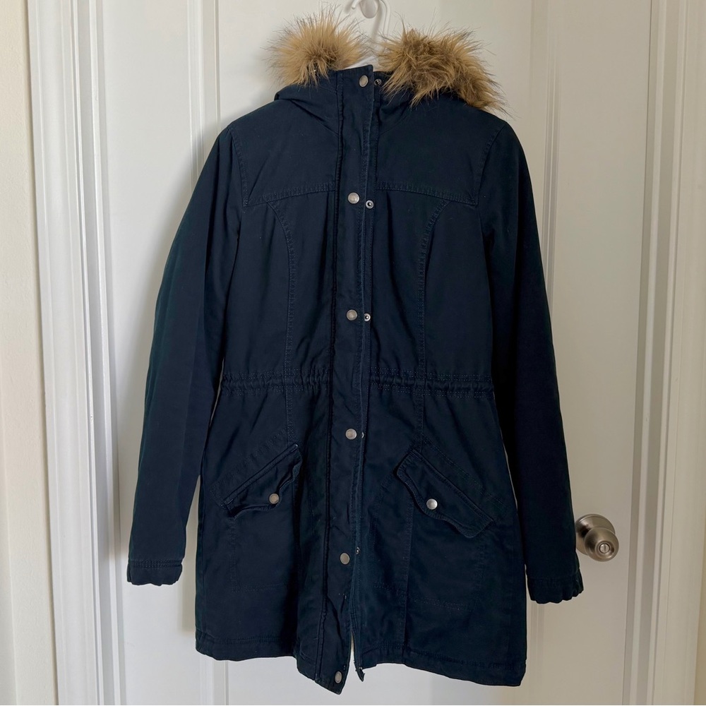 Hollister Navy Parka with Faux Fur Trim